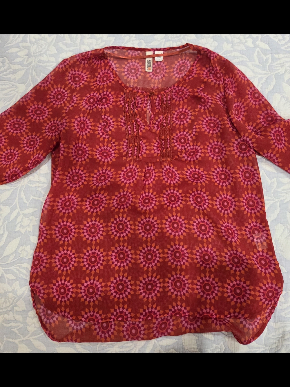 Route 66 Sheer Printed Pink-Red Blouse - Lightweight Scoop Neck Top Medium